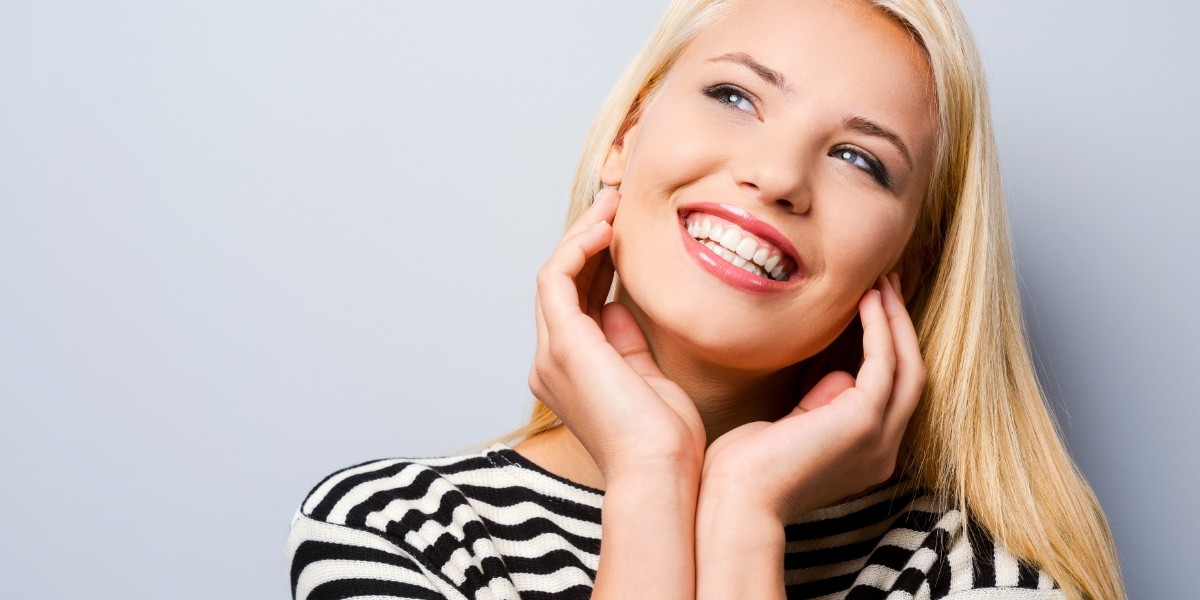 Blonde model with white teeth smiling